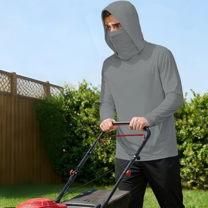 Close-up of gray ice silk sun protection jacket with hood and face mask for outdoor gardening