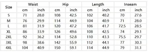 Detailed size chart for men's casual pants with waist, hip, and length in cm and inches