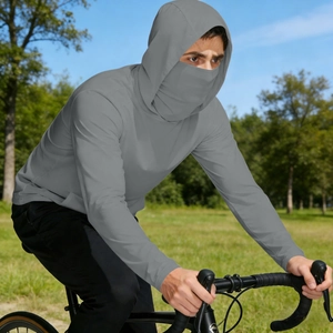 Men's grey hooded sun protection jacket with integrated face mask for cycling in nature