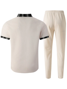 Detail of waffle knit fabric and plaid contrast collar on men's beige casual set