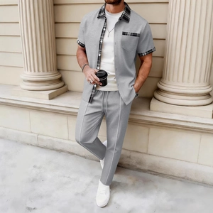 Men's waffle texture short sleeve shirt and pants set with plaid trim in light grey