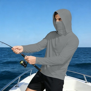 Grey hooded ice silk sun protection jacket for men's outdoor fishing and UV protection