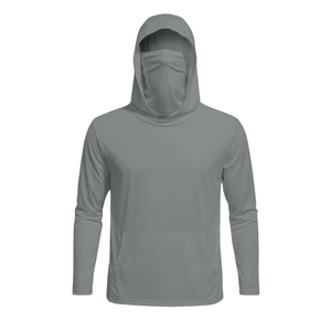 Detail view of grey ice silk sun protection hoodie with integrated face mask and front pocket