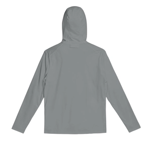 Detail view of dark grey sun protection hoodie with breathable fabric and raglan sleeves