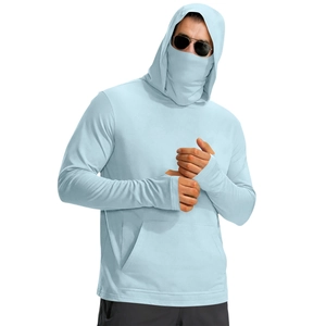 Detail view of light blue sun protection hoodie with face mask and thumb holes