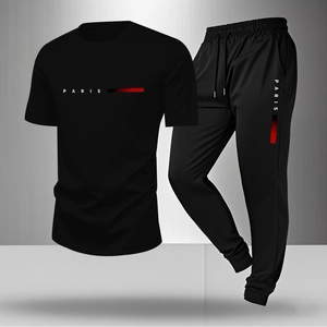 Men Sports Outfit Round Neck T-Shirt And Jogger Pants Breathable Polyester Blend Casual Outdoor Suit For Gym Workout Summer Men Clothes