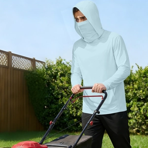 Detail of light blue sun protection jacket with integrated face mask and hood for gardening