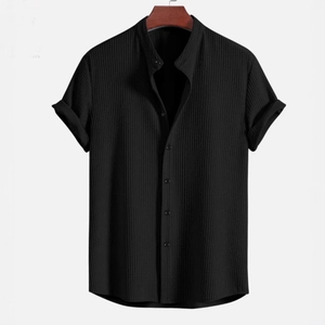 Chemise homme à manches courtes en velours côtelé noir avec col mao élégant
