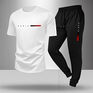 Men's summer sportswear set with white Paris t-shirt and black breathable track pants