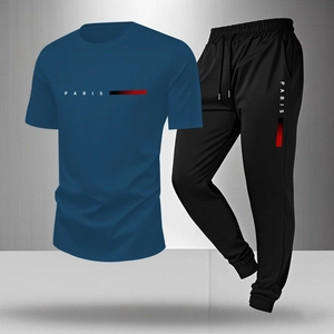 Men's navy blue Paris sport set with short sleeve t-shirt and black joggers outfit