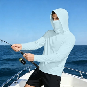 Men's light blue ice silk sun protection fishing jacket with face mask and hood