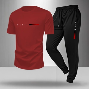 Men's athletic leisure suit featuring a red t-shirt with Paris print and black joggers