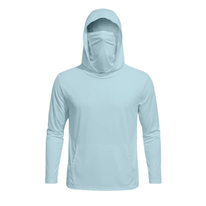 Detail of light blue sun protection hoodie featuring built-in face mask and front pocket