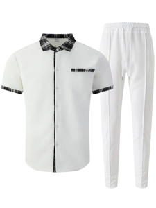 Detail of waffle knit fabric with plaid trim on the pocket and collar of the men's white set