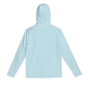 Rear view of a light blue hooded sun protection jacket with breathable mesh fabric