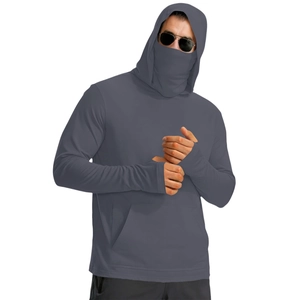 Close-up of lightweight dark grey sun protection hoodie with integrated face mask and hood
