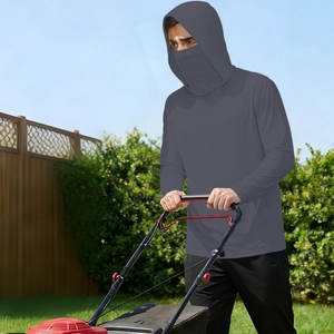 Men's ice silk sun protection jacket shown during outdoor lawn mowing for breathability