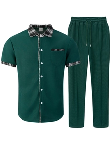 Detail of waffle knit fabric and plaid contrast trim on men's forest green casual set