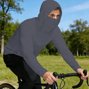Men's dark gray sun protection jacket with integrated face mask for outdoor cycling sports
