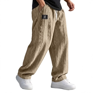 Khaki loose knit pants with vertical texture and white drawstring for men casual wear