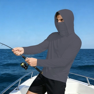 Men's deep grey sun protection hoodie with integrated face mask for outdoor fishing