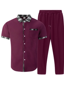 Detail view of purple waffle knit men's set featuring button-down shirt and drawstring pants