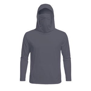 Detail view of deep gray men's sun protection jacket with integrated face mask and hood