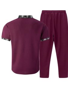 Close-up of waffle knit texture and checkered trim on burgundy men's leisure set