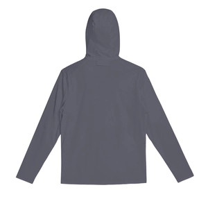 Back view of men's dark grey hooded ice silk sun protection jacket with raglan sleeves