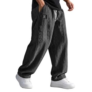 Men's loose straight gray casual pants with geometric jacquard and drawstring waist