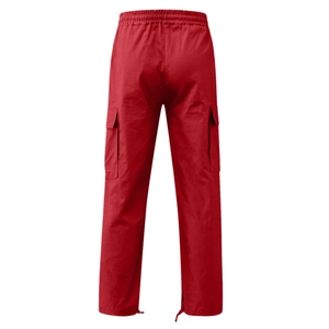 Vue arrière du pantalon cargo rouge avec taille élastique et chevilles à cordon ajustable