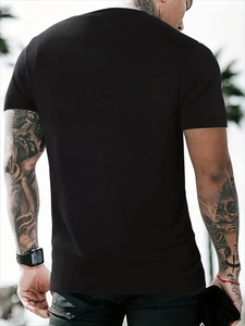 Rear view of a slim fit men's black short sleeve t-shirt in breathable cotton fabric
