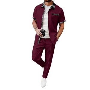 Men's waffle knit burgundy leisure set with plaid contrast trim short sleeve shirt and pants