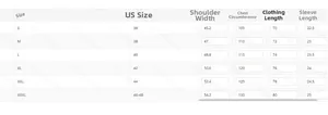 Detailed size chart for men's solid color t-shirt including US sizes and measurements