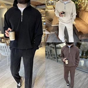 Three-way split view showing men's corduroy tracksuit set in black, beige, and brown colors