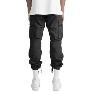 Vue arrière du pantalon cargo noir avec poches latérales et ourlet à cordon