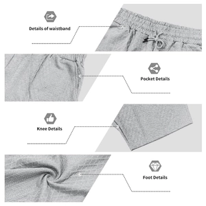 Detailed views of light grey men's waffle knit shorts featuring drawstring waist and side pockets
