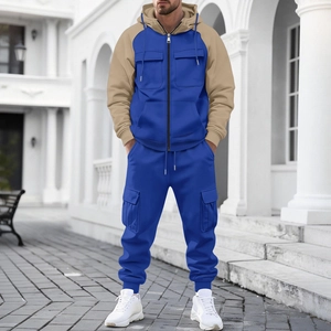 Men's heavyweight winter hooded tracksuit with color-block cargo jacket and matching joggers