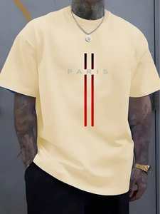 Detail of PARIS print and gradient stripes on beige cotton oversized casual t-shirt