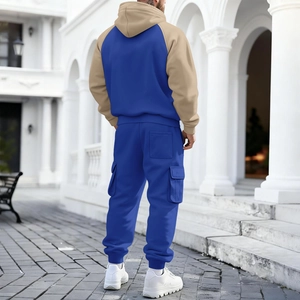 Rear view of men's heavyweight fleece tracksuit with cargo pockets and hooded design