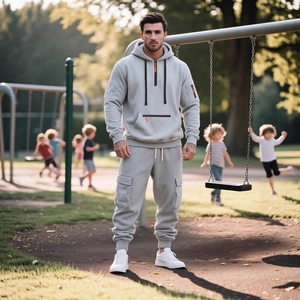 Men's light gray fleece hoodie and cargo jogger set for casual winter outdoor sports wear