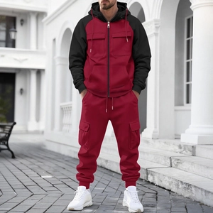 Men's heavyweight burgundy and black color block fleece tracksuit with cargo pockets
