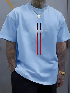 Detail of the light blue round neck T-shirt featuring a Paris cross pattern print