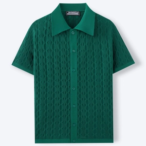 Men's dark green knit polo shirt with vertical wave texture and button-down front