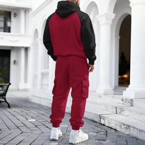 Rear view of men's red heavy fleece streetwear tracksuit with cargo pocket detail