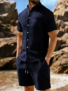 Men Casual Waffle Texture Top And Bottom Short Sleeve Button Down Shirt And Drawstring Shorts Sporty Summer Solid Color Youth Clothing