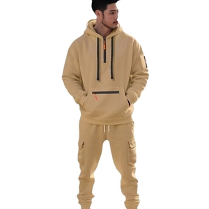 Men's khaki winter fleece hoodie and cargo pants set with half-zip design and drawstring