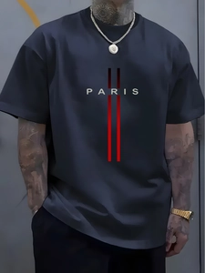Detail of black loose-fit T-shirt featuring Paris text print and red vertical lines
