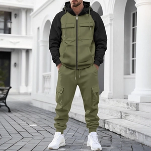 Men's heavyweight fleece cargo tracksuit featuring hooded jacket and joggers in olive green