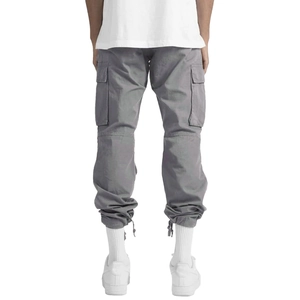Vue arrière du pantalon cargo gris pour homme avec grandes poches à rabat et ourlet à cordon